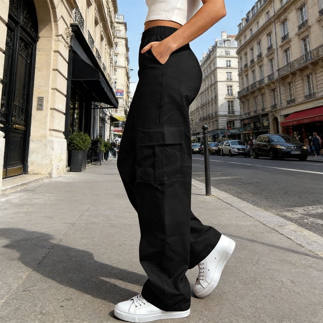 TaTaai Women Solid Color Loose Fit Cargo Pants Straight Leg Long Pants With Pockets Lightweight Breathable Soft Fabric Machine Washable No Fading Daily Outdoor Street Wear Gift