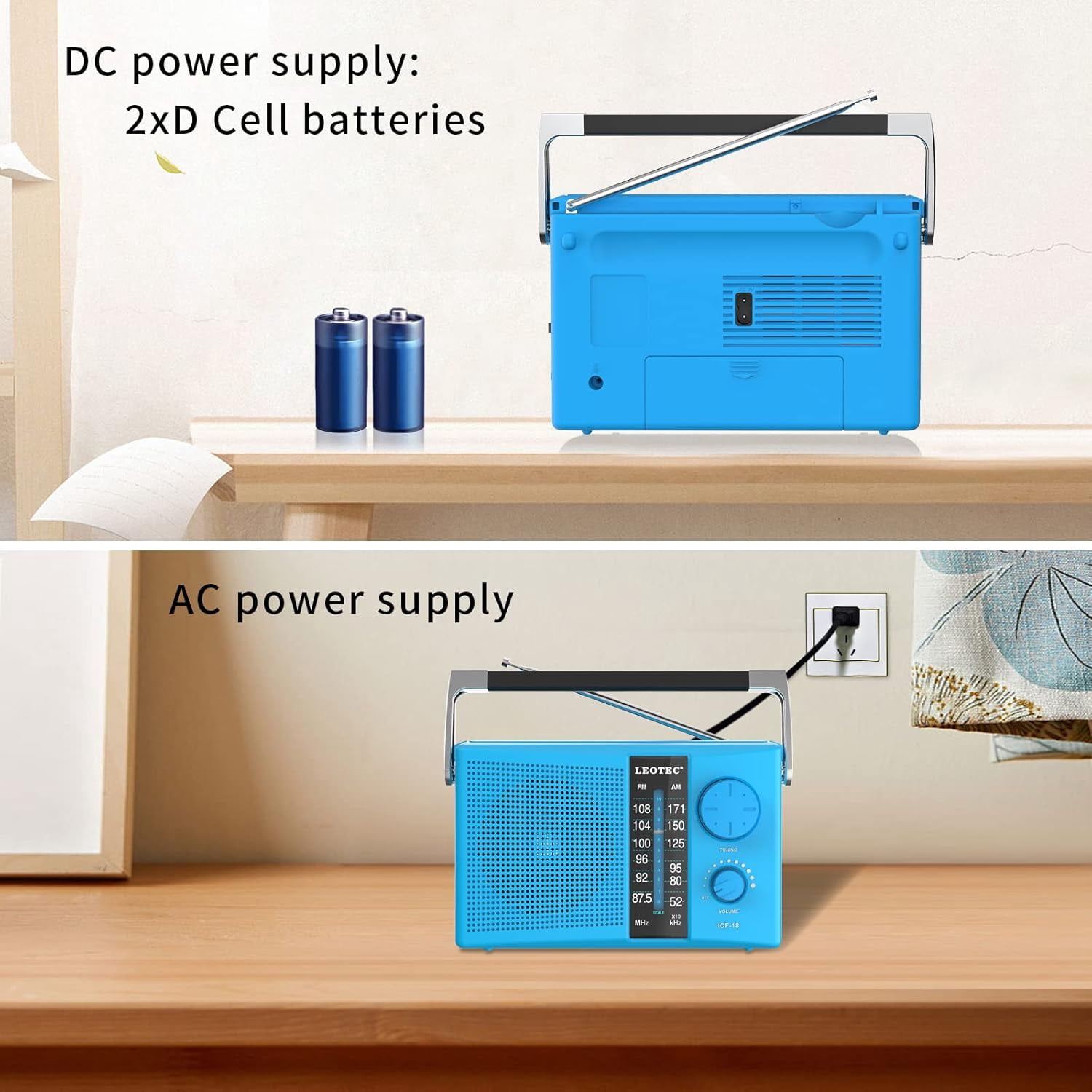 LEOTEC AM/FM Radio with Best Reception, AC or Battery Operated Portable Radio with Big Speaker, Large Tuning Knob, Clear Dial, Earphone Jack for Gift, Elder, Home (Blue)