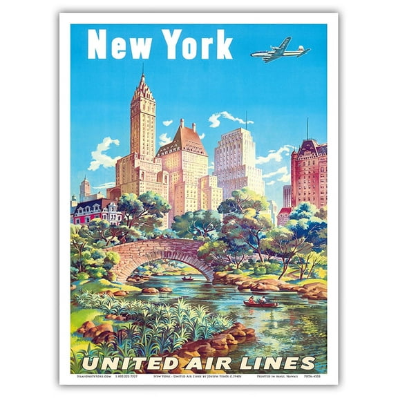 New York USA - Gapstow Bridge at Central Park South Pond Manhattan - United Air Lines - Vintage Airline Travel Poster by Joseph Fehér c.1940s - Master Art Print (Unframed) 9in x 12in