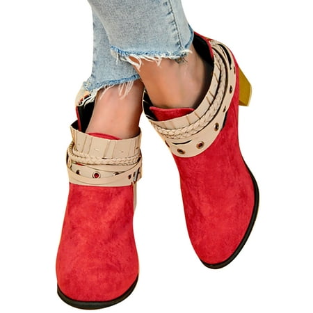 

Rockomi Women Block Heels Bootie Strap Buckle Ankle Boots Zipper Booties Work Multi-Strap Casual Winter Shoes Comfort Chunky Heel Red 4