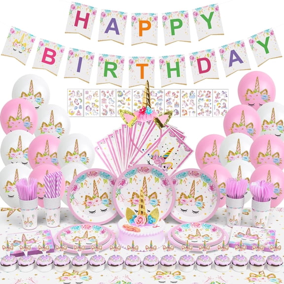 Unicorn Birthday Decorations for Girls - Party Supplies with Plates, Napkins, Cups, Balloons, Banner, Table Cloth, Cake Topper