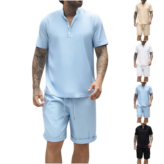FRSASU Men's 2 Pieces Linen Set Henley Shirt Short Sleeve and Shorts Summer Beach Yoga Matching Outfits White
