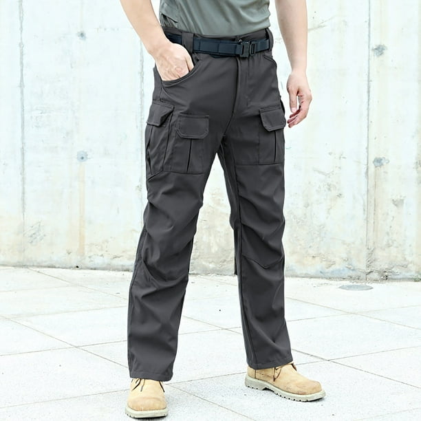 Pantalones de trabajo largos para hombre, elegantes, de color sólido, con múltiples bolsillos y cálidos.