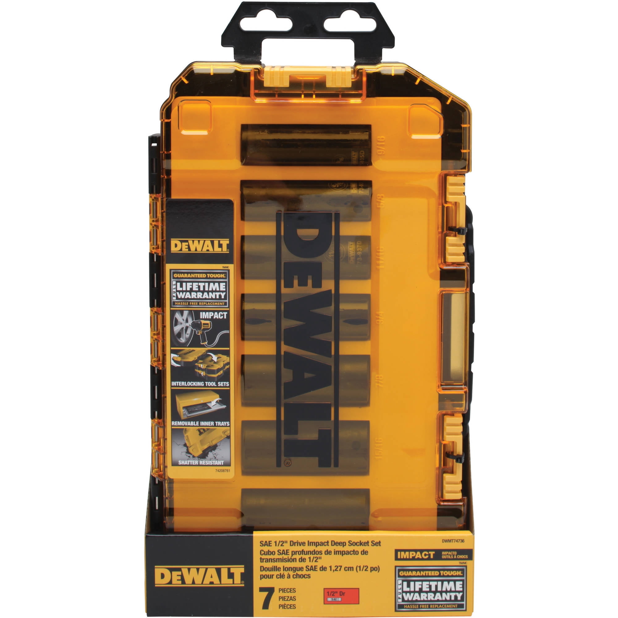 DEWALT DWMT74736 Tough Box 7PC SAE 1/2 Deep Drive Impact Socket Set