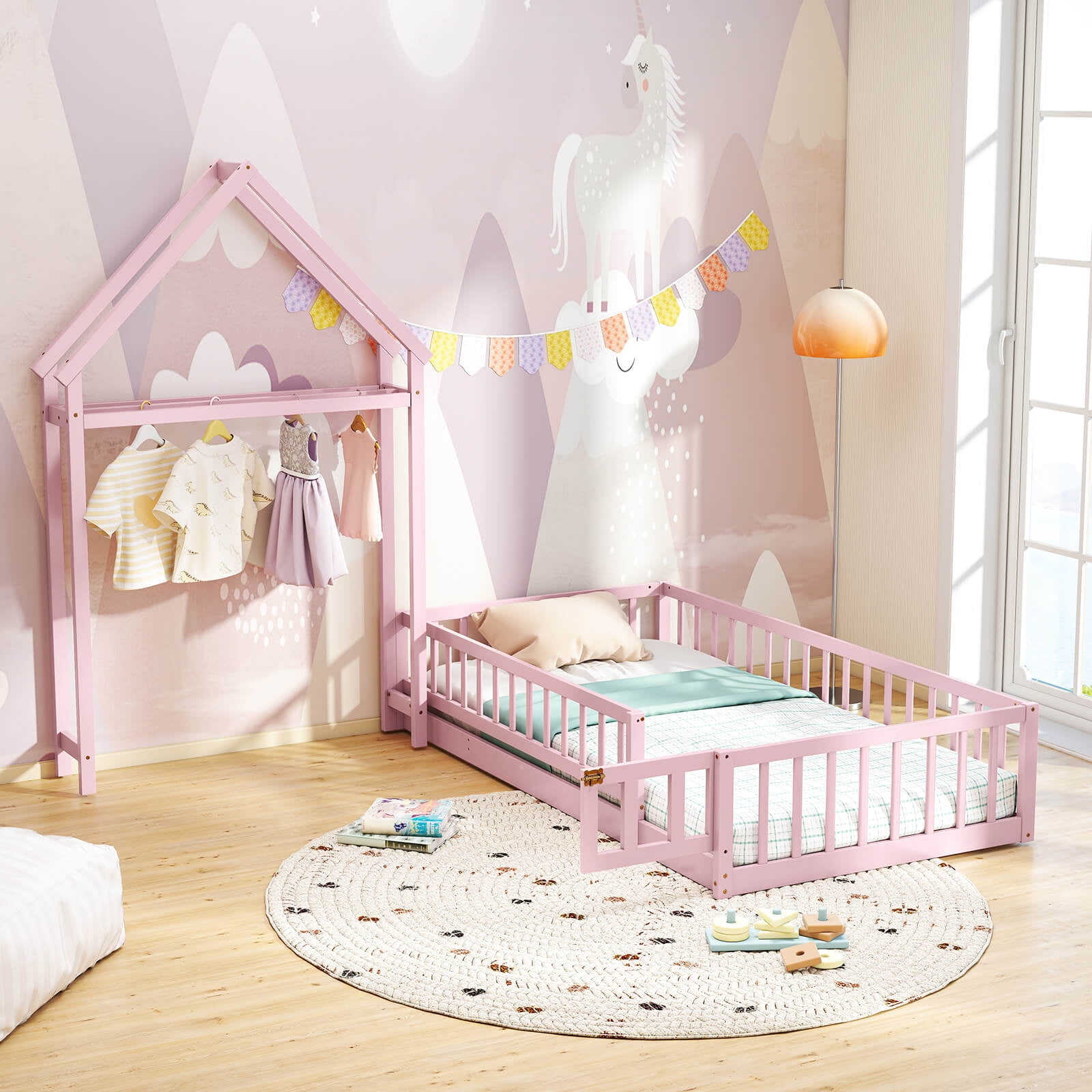 Costway Twin Size House Floor Bed with House-shaped Headboard Clothes Hanger without Slats Pink