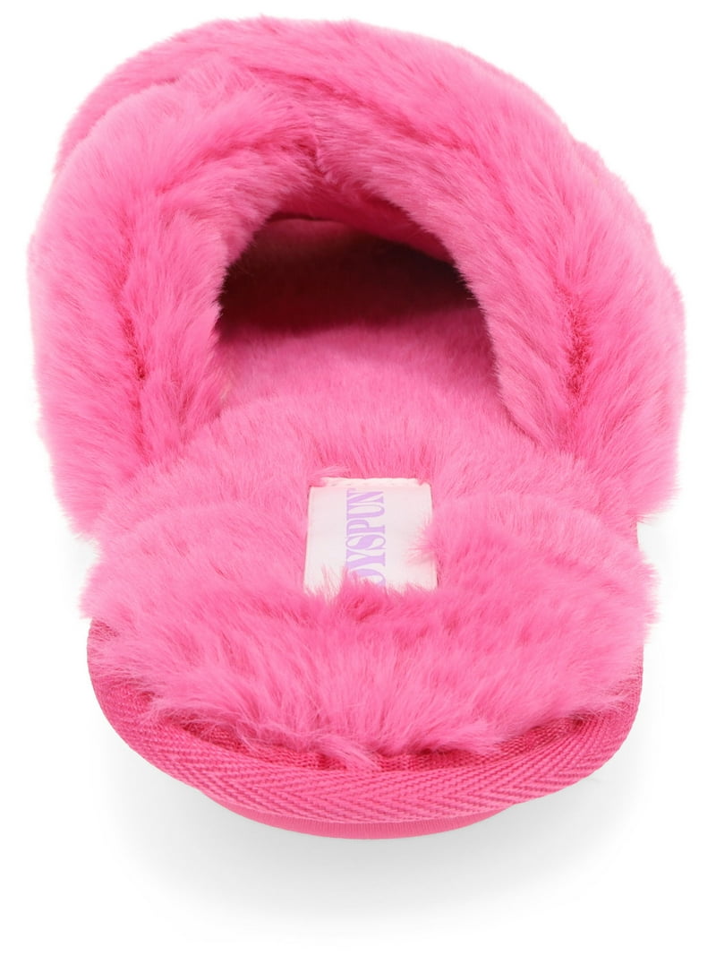Joyspun Women's Faux Fur X-Band Slippers, Cushioned Footbed, Soft