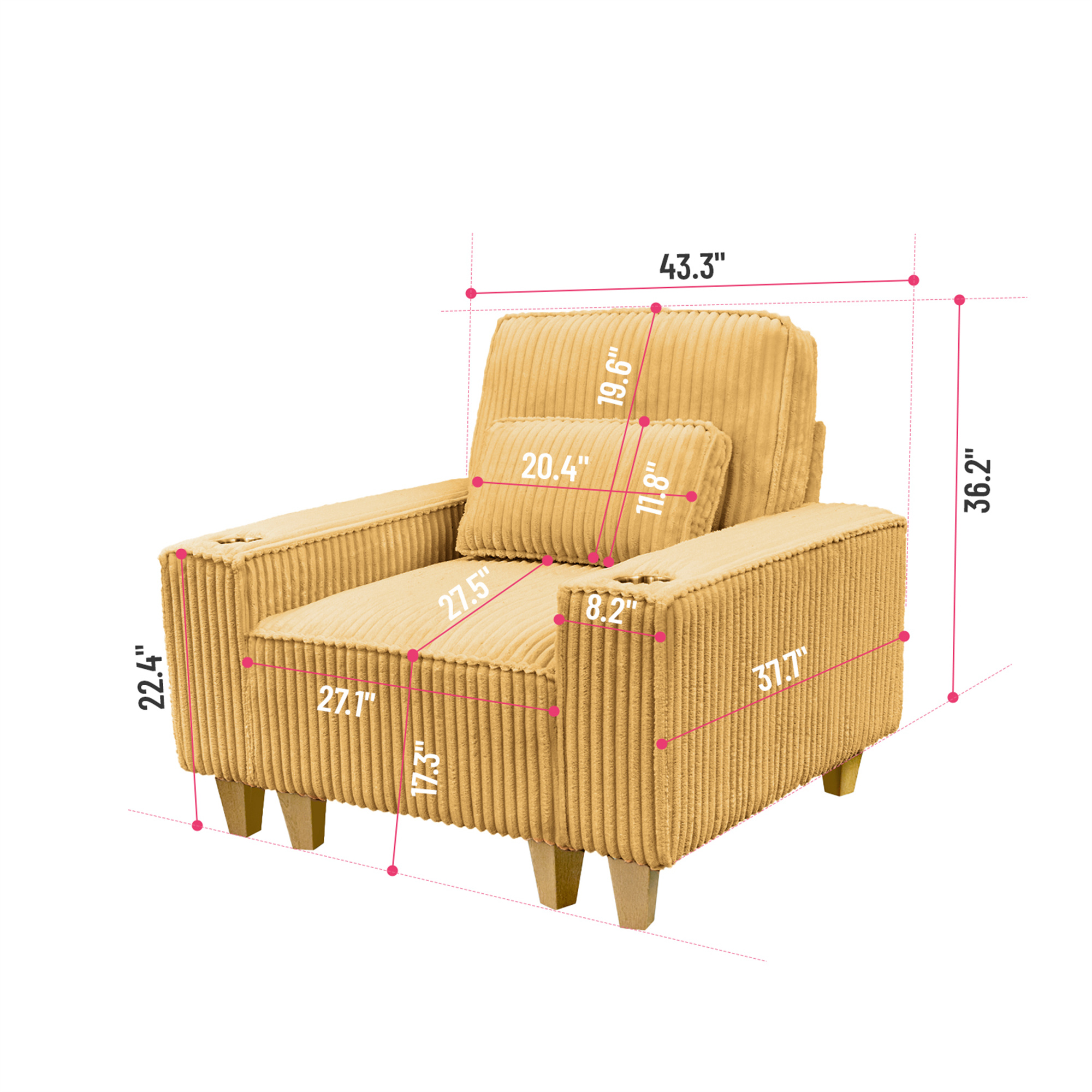 Aukfa 3 Piece Sofa Set - 43.5" Oversized Armchair Couch w/ Cup Holders&Pillows, Solid Wood Legs, Mustard