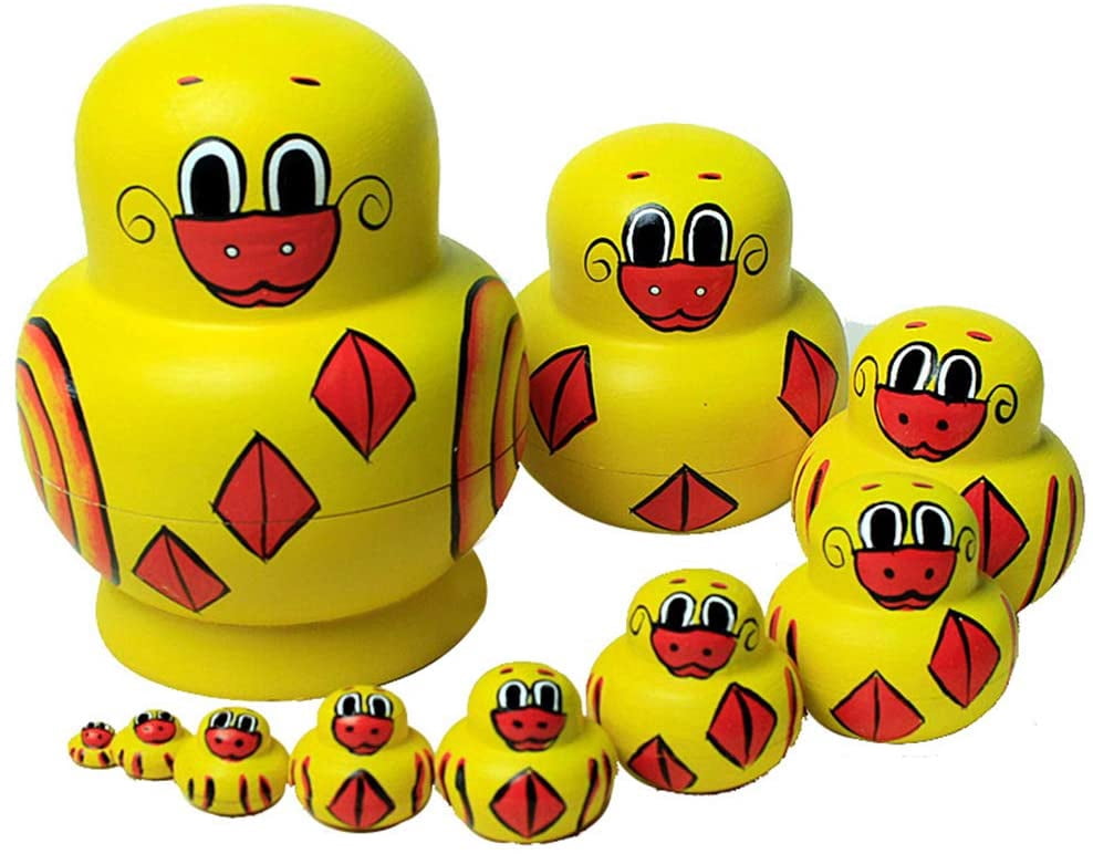 Ensemble De 10 Poupées Russes Babouchka En Bois - Cadeau Fait Main Motif Canard - Neuf