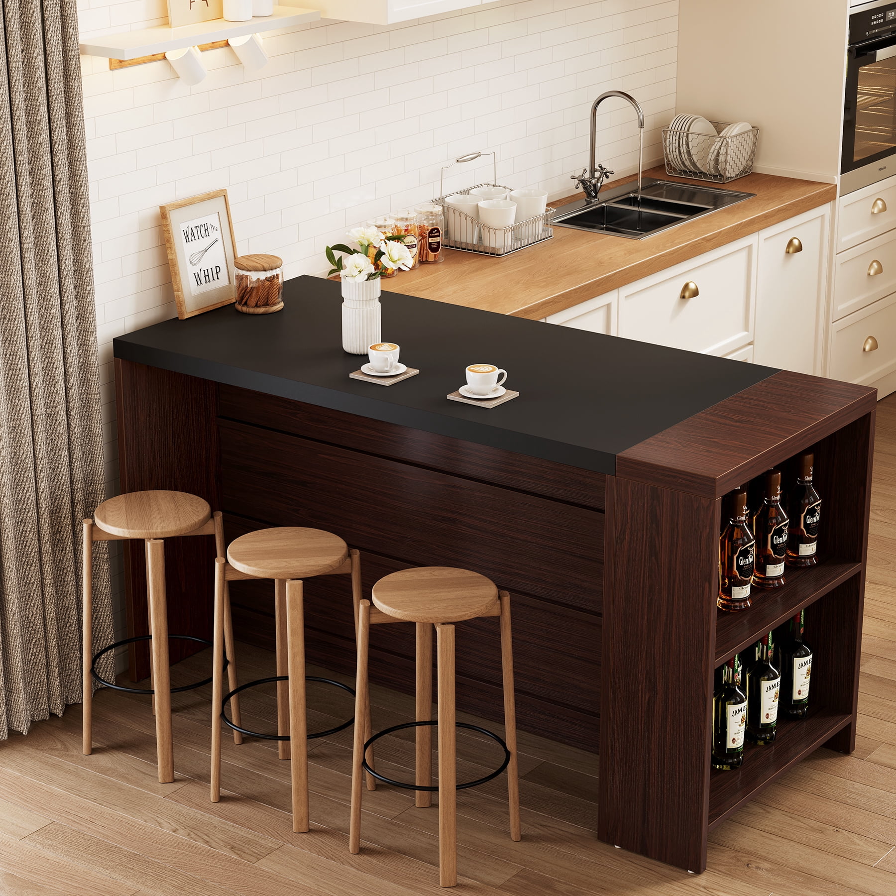 Fnova 55" Kitchen Island with 5 Shelves, Farmhouse Stationary Island Table, Large Stationary Storage Cabinet for Kitchen Dining Room, Dark Brown
