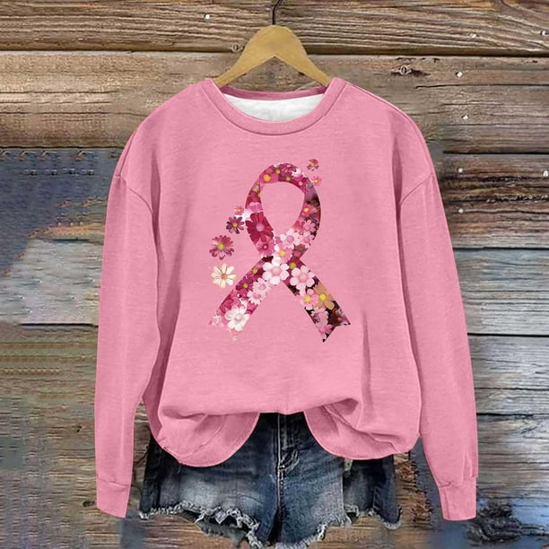 Ailaofu Breast Cancer Awareness Shirt Women Pink Ribbon Graphic Sweatshirt Breast Cancer Survivor Long Sleeve Shirts Tops