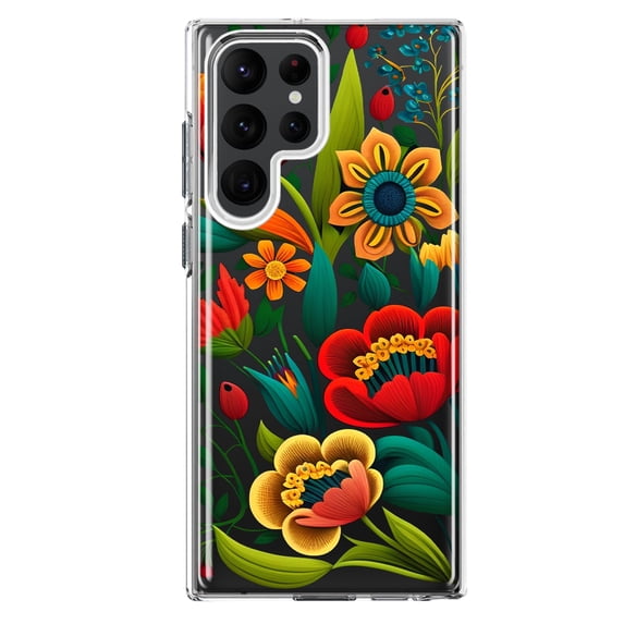 MUNDAZE Samsung Galaxy S22 Ultra Shockproof Clear Hybrid Protective Phone Case Colorful Red Orange Folk Style Floral Spring Flowers Cover