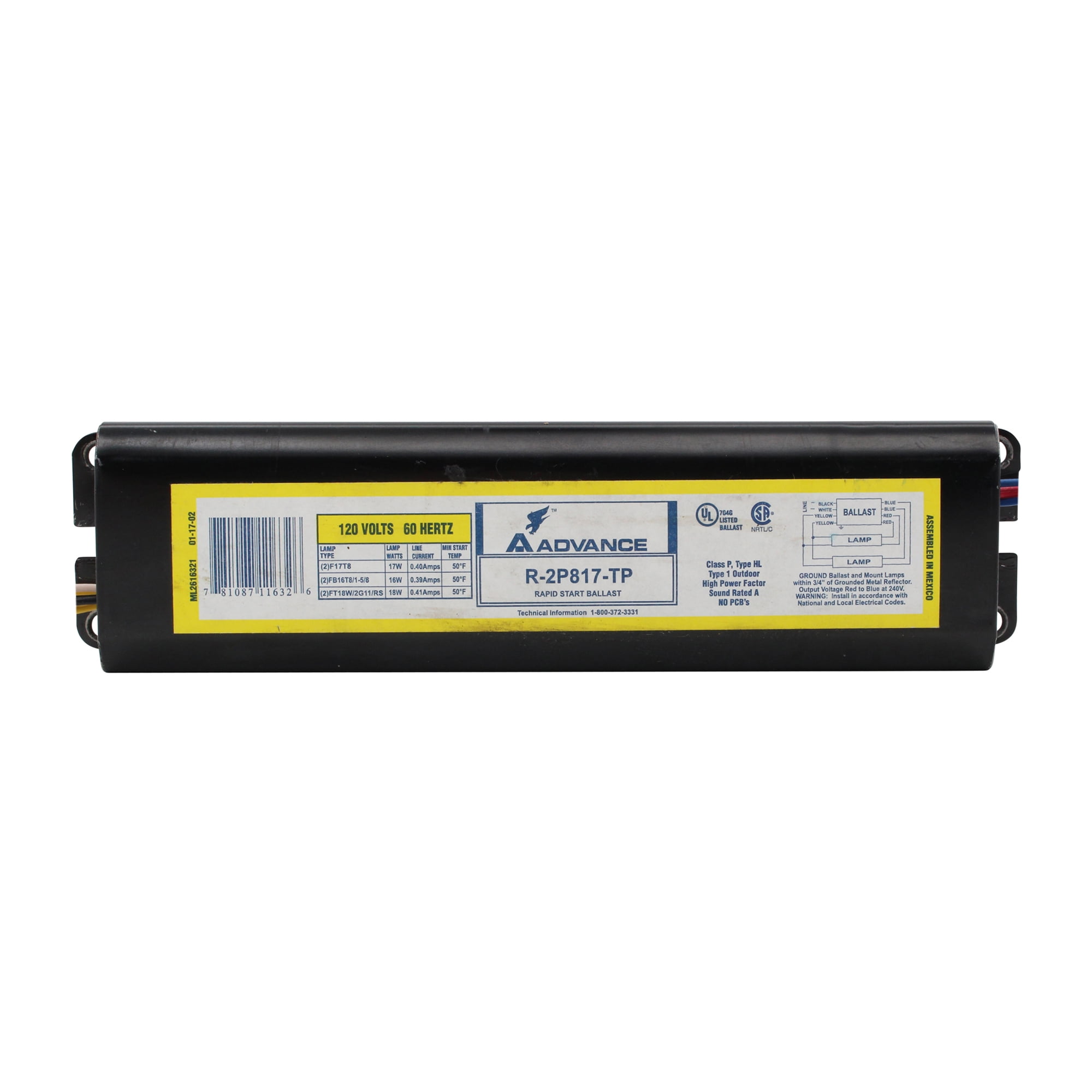 Advance R2P817TP Rapid Start Fluorescent Ballast, 2Lamp, 17W T8