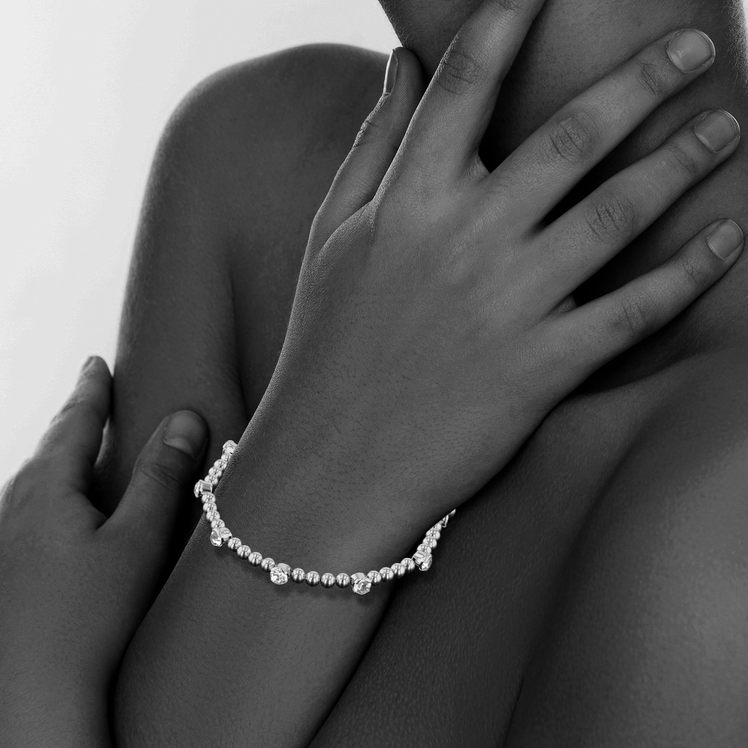 X & O Adult Female Women's Silver Plated Wire Bangle Bracelet with Polished Round Beads and White Crystals