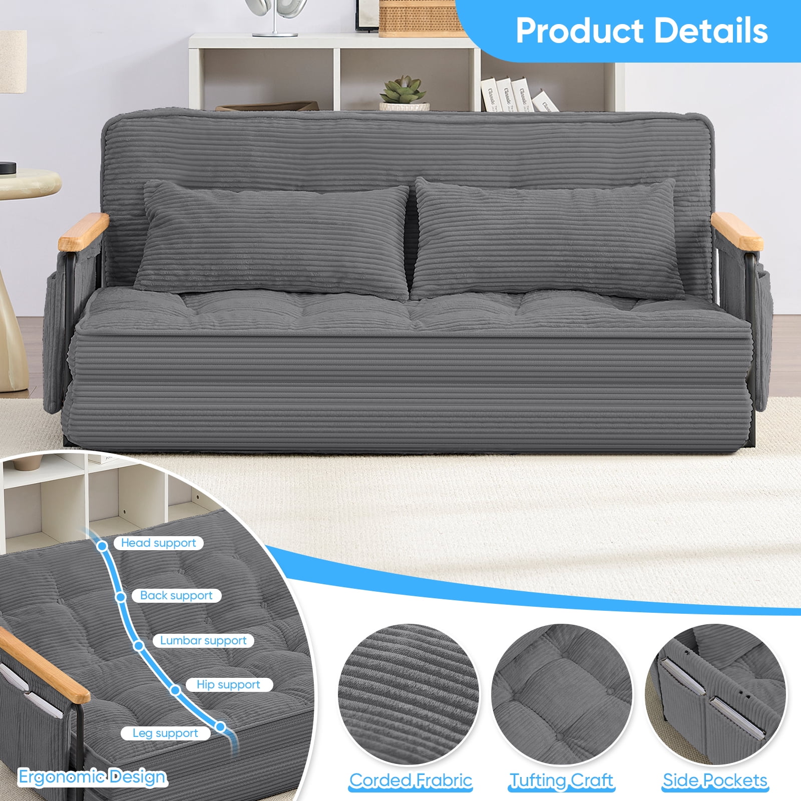 BALUS Futon Sofa Bed, 4-in-1 Corduroy Floor Couch Bed with Folding Mattress, Convertible Sleeper Sofa for Living Room, Grey