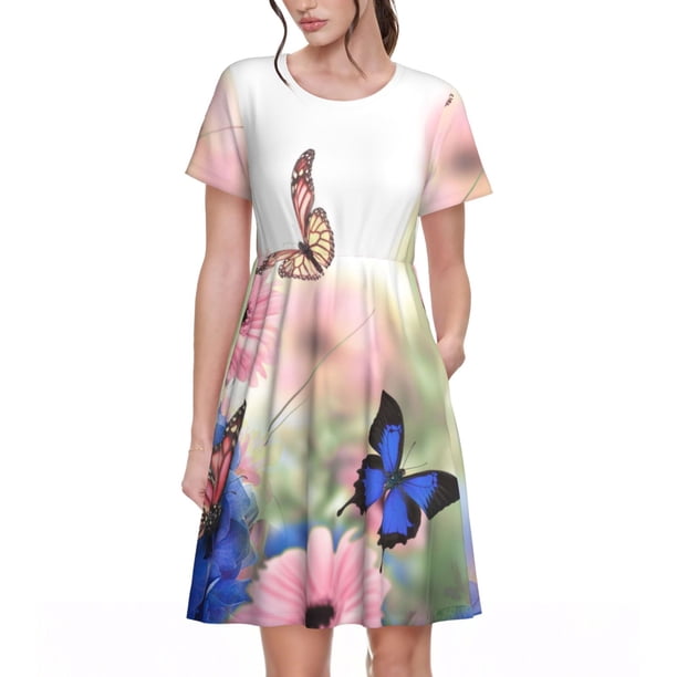 Disketp Butterfly And Flowers para Vestido de Manga Corta para Mujeres, Vestidos de Verano para Mujeres, Casual y Holgado para la Playa