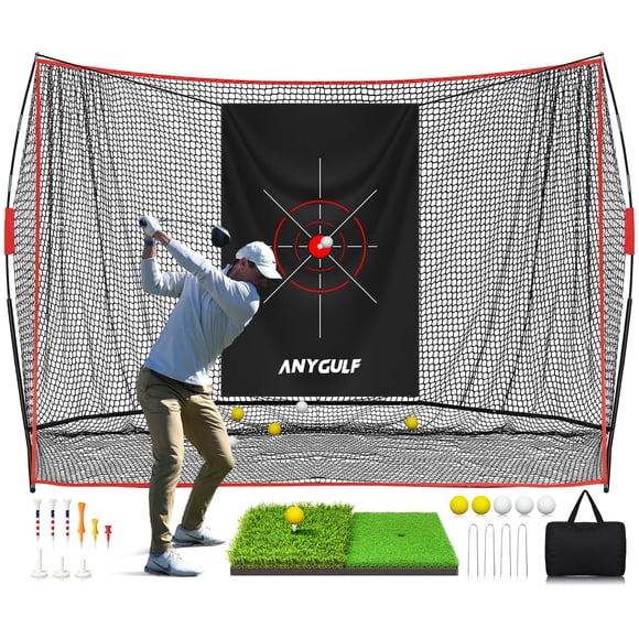 Red de golf Anygulf de 10 x 7 pies con tapete, objetivo reductor de ruido y accesorios