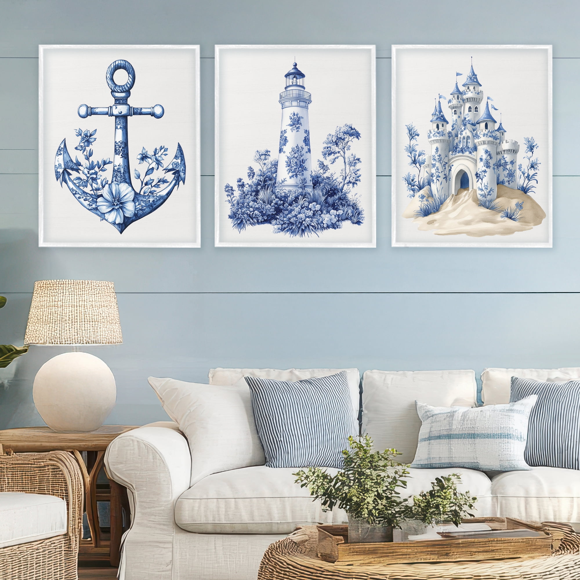 Ornate Nautical Toile Patterns 3 Piece White Framed Giclee Art Set, design by Lettered and Lined