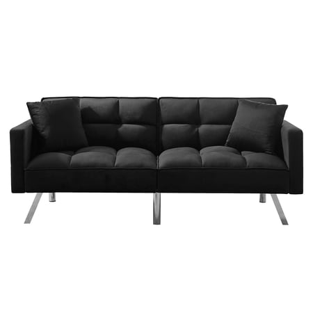 CJC 74  Velvet Futon Sofa Bed Convertible Sleeper Sofa Couch Modern Loveseat with 3 Adjustable Positions and 2 Pillows  Black