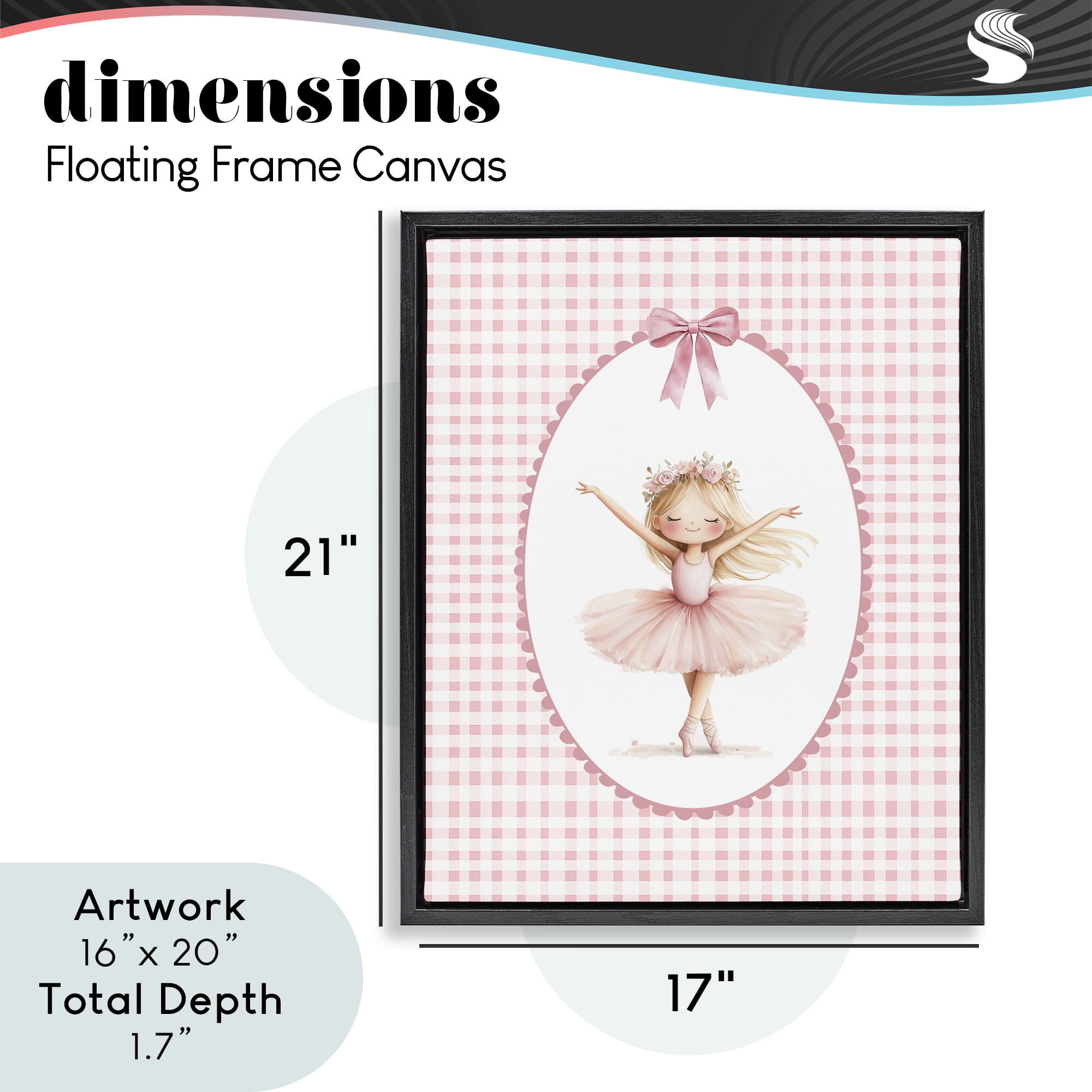 Ballerina on Pink Checkered Black Framed Floater Canvas Wall Art, design by Christine Simpson Art