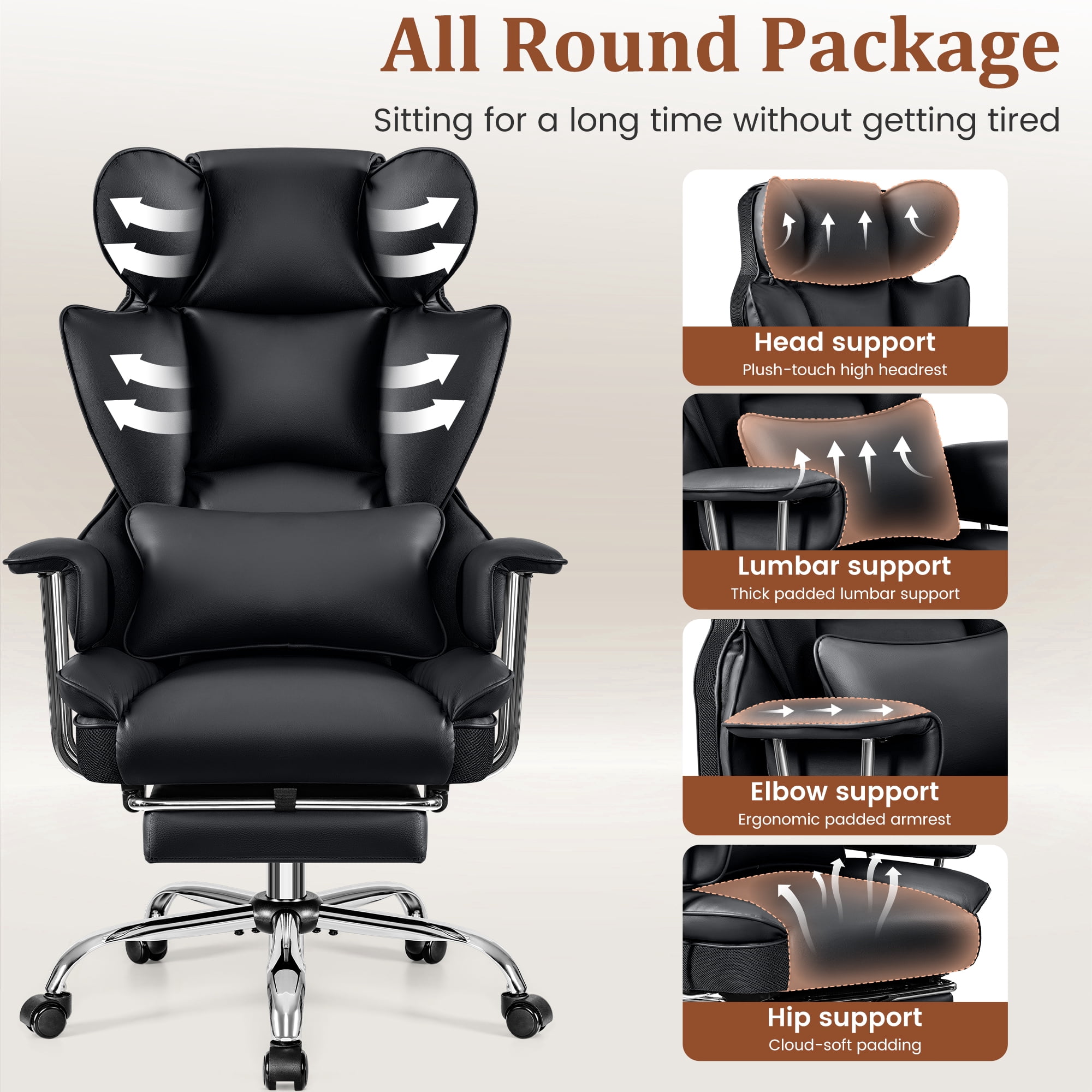 COOLHUT Big and Tall Office Chair 500LBS Wide Seat Ergonomic Computer Desk Chair, PU Leather Executive Office Chair with Footrest, Adjustable Task Chair Lumbar Back Support 8 Hour, Black