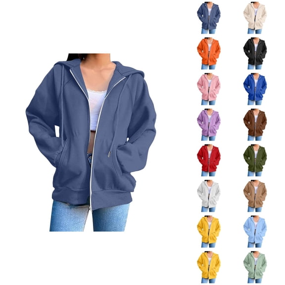 Zip Up Jacket Hoodie for Women with Pockets Long Sleeve Solid Color Cardigan Hooded Sweatshirt Cardigan Jacket