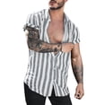 thumbnail image 1 of Camisa casual de manga corta a rayas de algodón y lino de verano para hombre Pompotops oipoqjl44272, 1 of 8