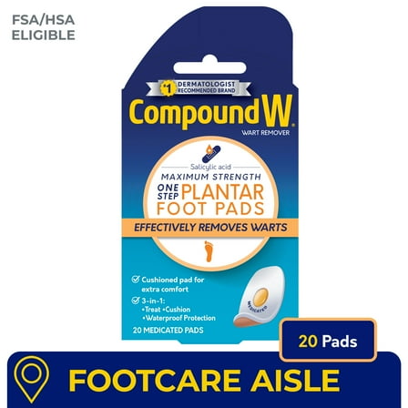Compound W Maximum Strength One Step Plantar Wart Remover Foot Pads, Salicylic Acid, 20 Count