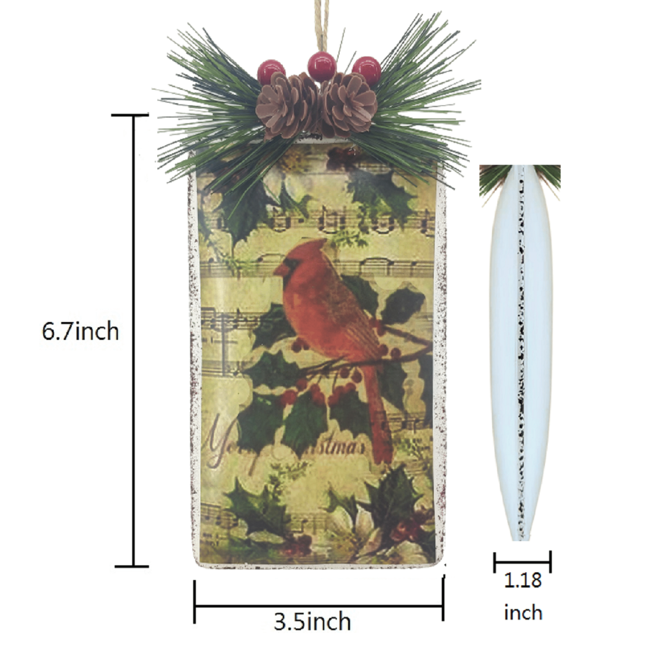 Holiday Time Oversize Rectangle Bird Metal Ornament. Casual Traditional Theme. Vintage Style. Antique Brown Color.