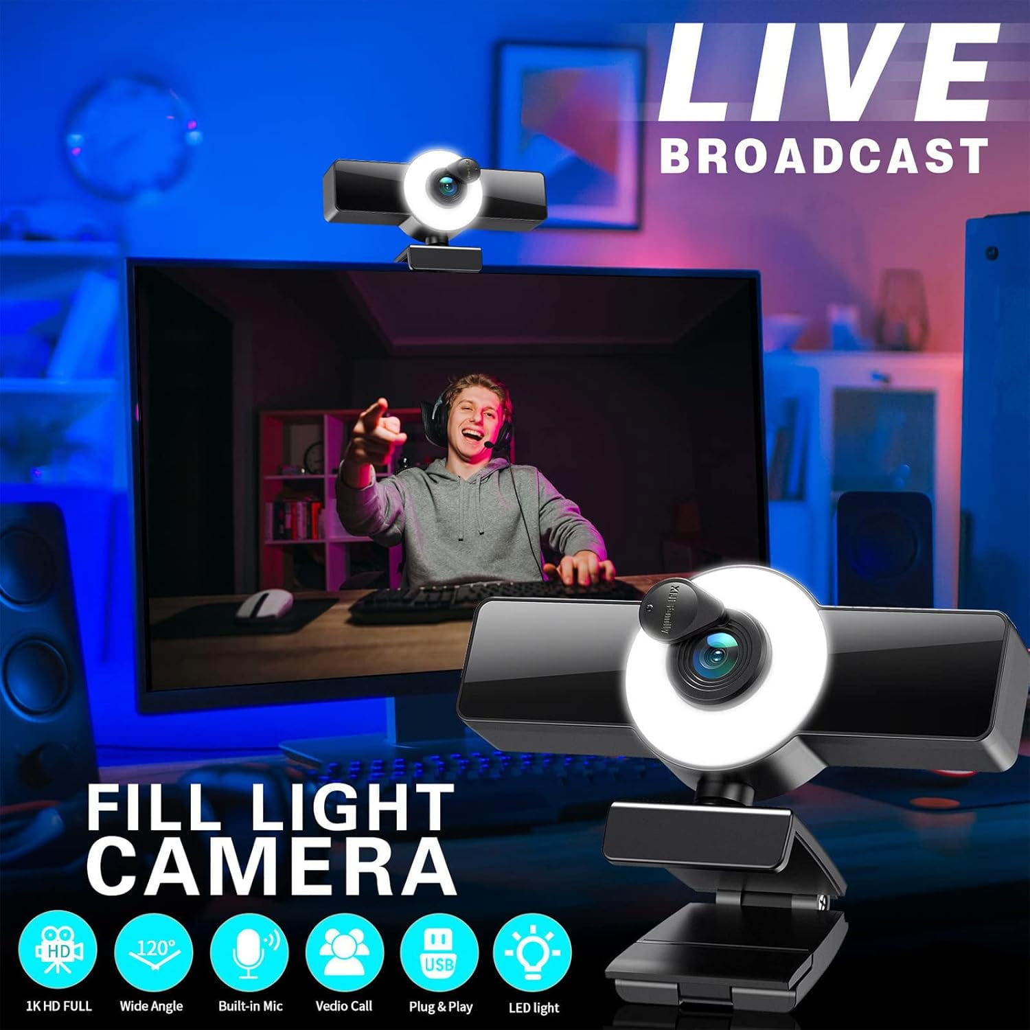2K Webcam with Ring Light for Streaming, Webcam with Microphone for Desktop Laptop, Streaming Camera for PC Gaming Camera, Noise-Canceling Mics Web camera with Privacy Cover and Tripod