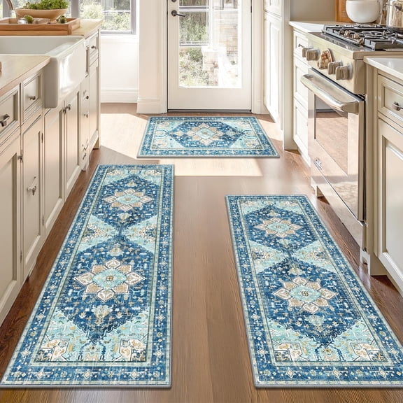 Boho Washable Kitchen Rugs Sets of 3, Non Slip Kitchen Mats for Floor with Rubber Backing, Waterproof & Stain Resistant Thick Carpet Runner Throw Rugs for Kitchen, Laundry Room, Hallway, Blue