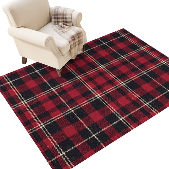 Black Red Plaid Washable Area Rug 3 x 5 ft Classic Rustic Buffalo Check Grid Soft Non‑Slip Rugs Stain Repellent Indoor Mats for Entry Foyer, Apartment Living Corner Dining Nook