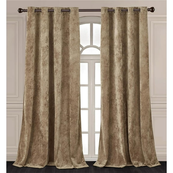 Chezmoi Collection Lux Tan Distressed Velvet Curtains 2 Panel Set, Room Darkening Luxury Velvet Grommet Top Window Drapes for Living Room Bedroom 50" W x 84" L