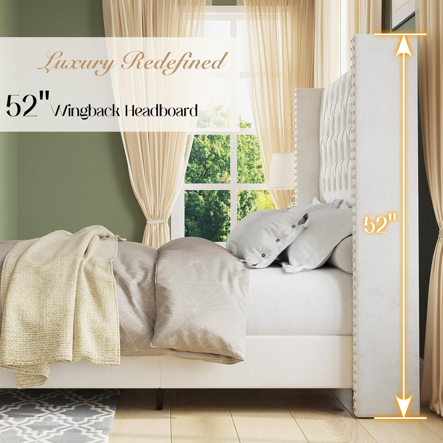 Merluxy King Bed Frame with Deep Button Tufted and Velvet Wingback Headboard,No Box Spring Needed,Cream