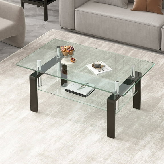 39.37'' Tempered Clear Glass Coffee Table, 2-Layers Coffee Table Living Room Center Table