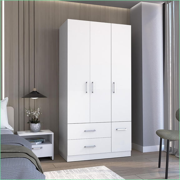 Chests & Wardrobes 71'' High Storage Armoire with 2 Drawers, 4 Doors, 6 Shelves & Hanging Rod | White | Particle Board