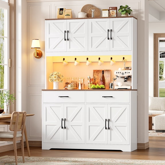 Hiphuta 71" Tall Kitchen Pantry Storage Cabinet with RGB LED and 6 Metal Hooks, Farmhouse Coffee Bar Cabinet with Charging Station, Buffet with Hutch and Microwave Stand, White