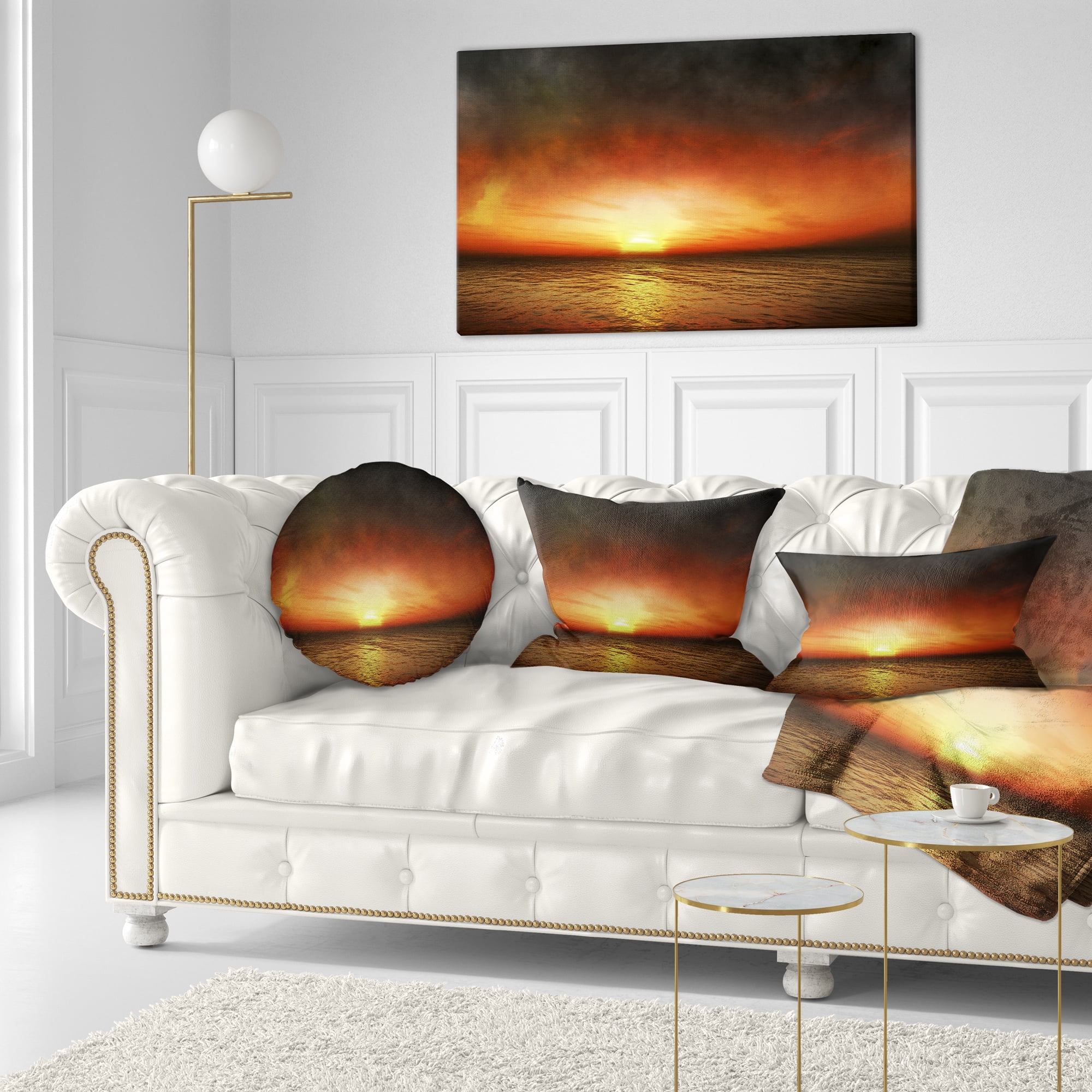 Designart Fiery Sunset Beach under Cloudy Sky - Modern Seashore Throw Pillow - 12x20