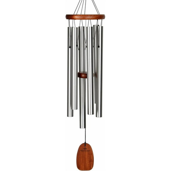 Woodstock Chimes of Comfort 24" Memorial Wind Chimes for Outdoor & Garden, Tuned to Amazing Grace, Sympathy Gift Silver Aluminum Tubes, Teak Wood Finish (WCOC)