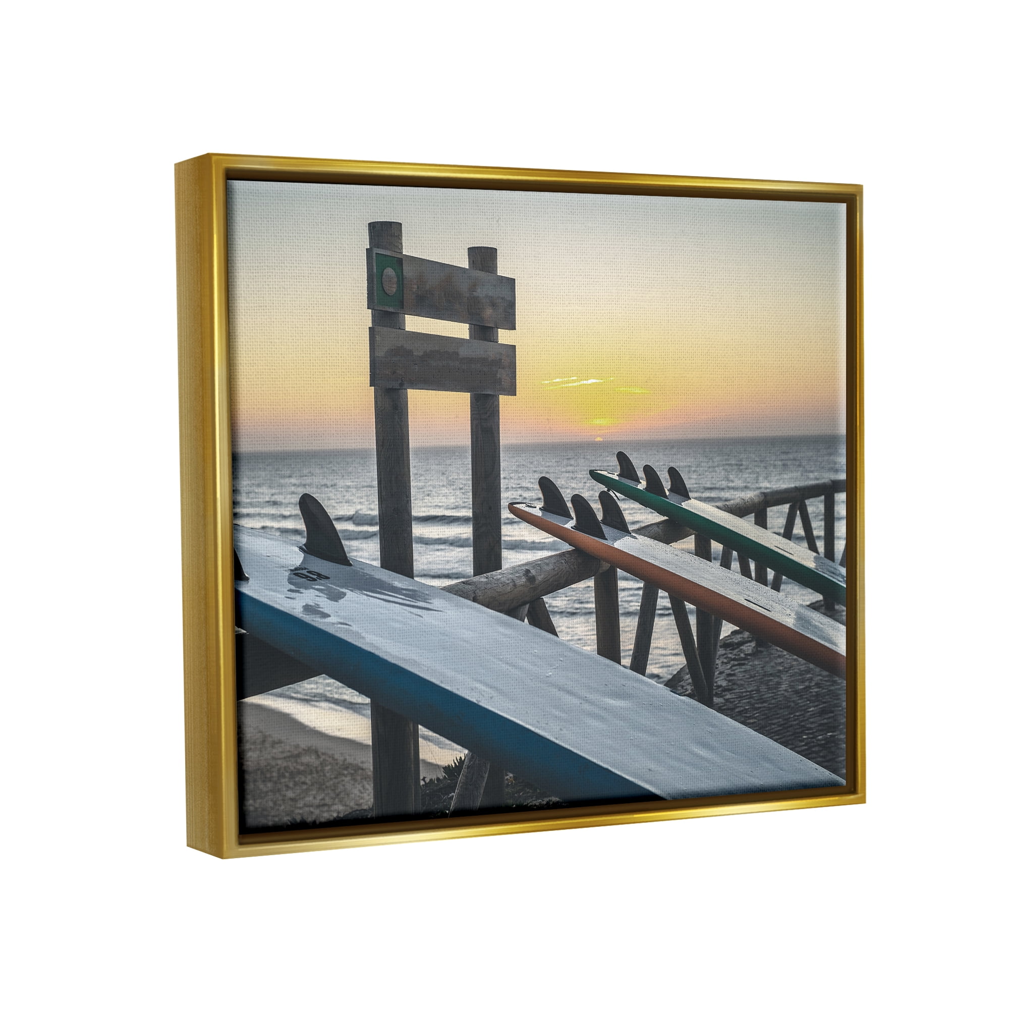 Stupell Industries Leaning Surfboards by Beach Nature Photography Gold Floater Framed Art Print Wall Art, 31 x 25