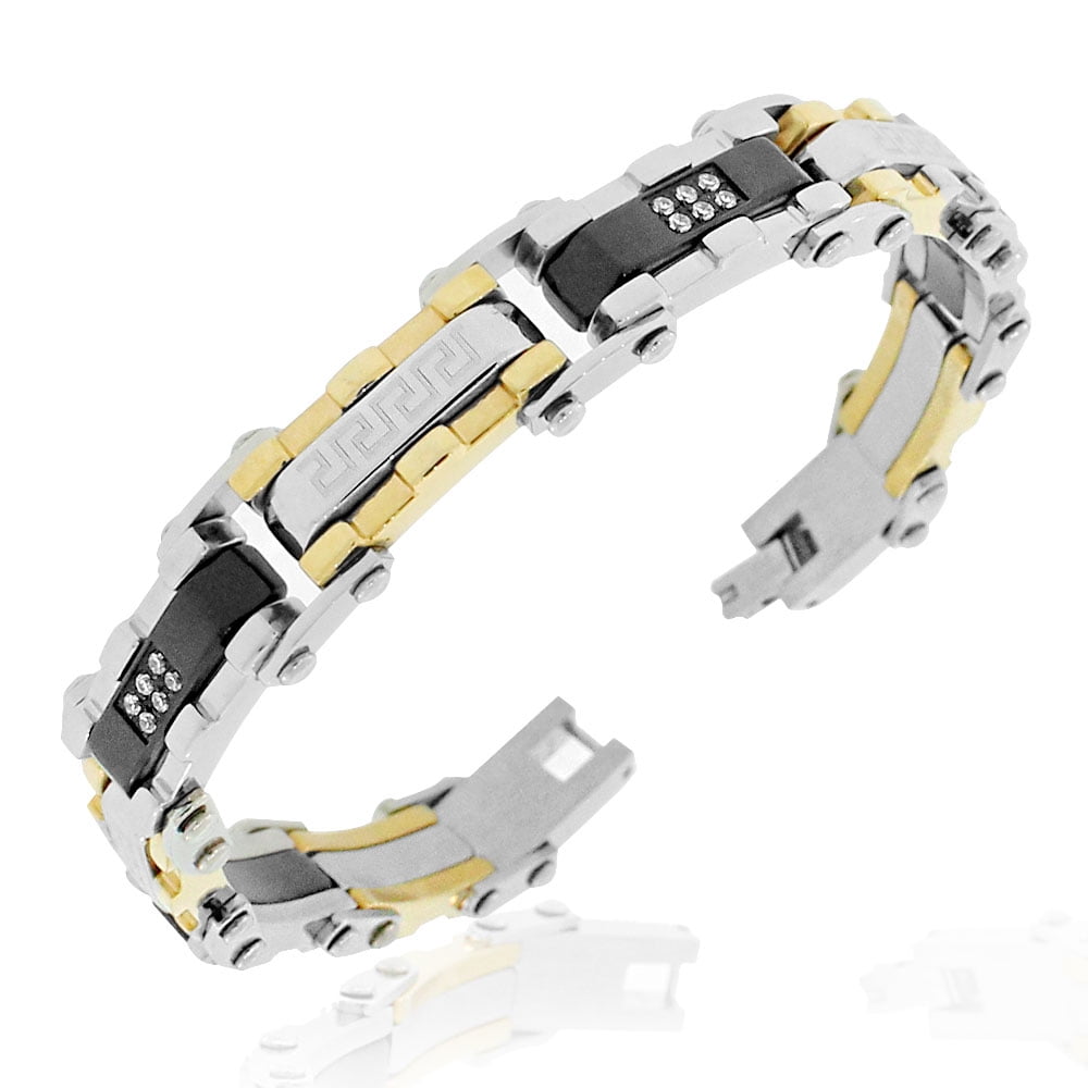 Stainless Steel Black Gold-Tone Silver-Tone CZ Greek Key Link Men's Bracelet