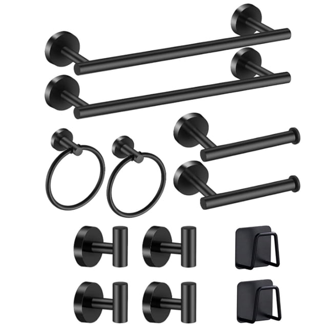 Juego de Accesorios de Baño 12 Piezas,Toalleros de Anillo+Toalleros de Barra+Portarrollos para Papel+Ganchos para Toallas+Soporte para Esponja Adhesivo (Negro)