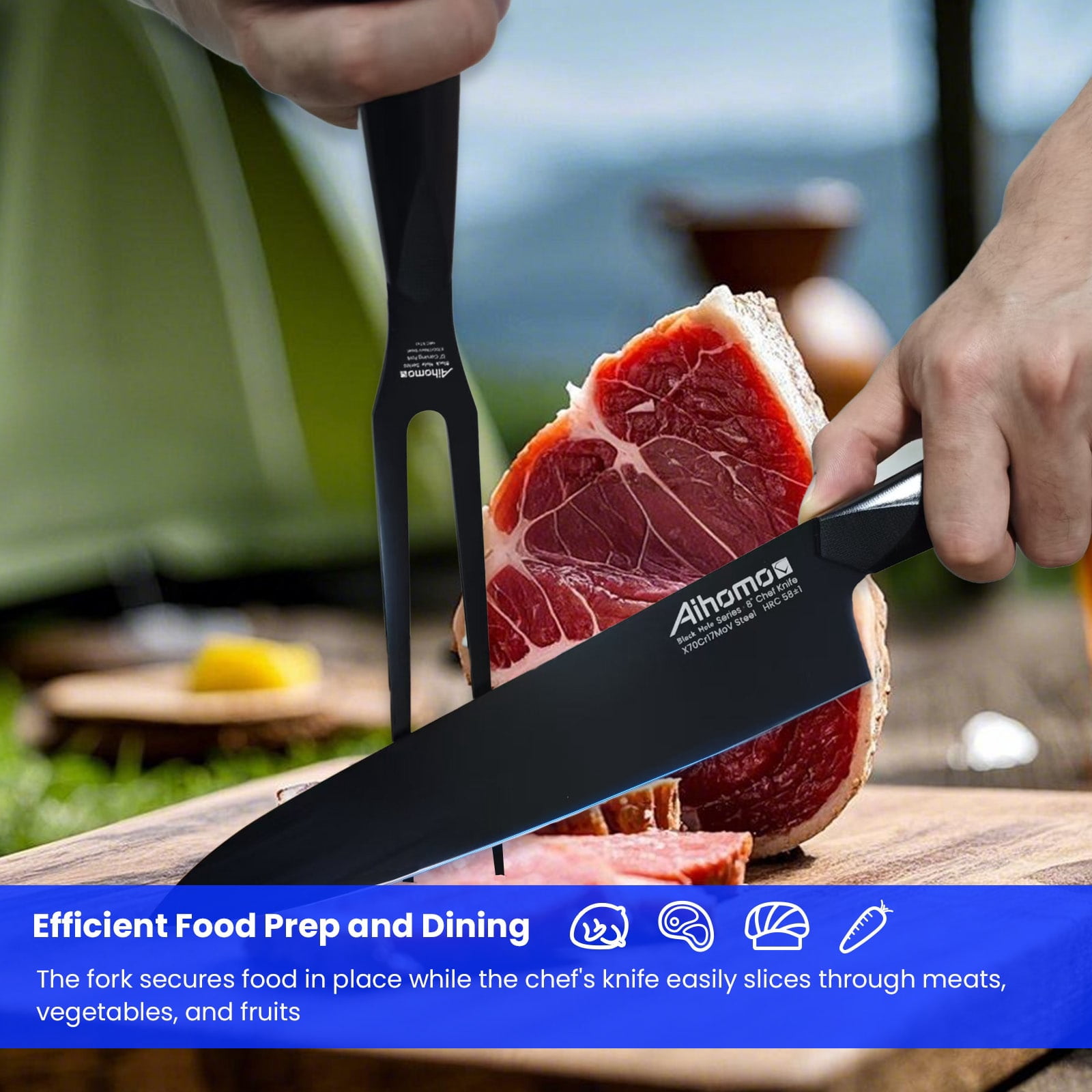 Aihomo Black Carving Knife & Fork Set, 8" Chef Knife & 12" Carving Fork High Carbon Stainless Steel, Full Tang Knives with G10 Handle