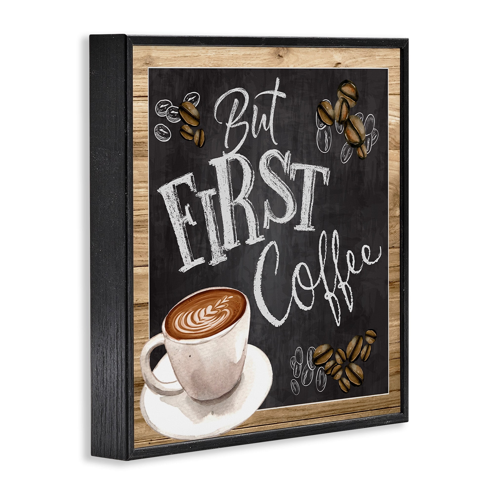 Stupell Industries But First Coffee Typography Chalkboard Latte Beans Framed Wall Art, 12 x 12, Design by ND Art