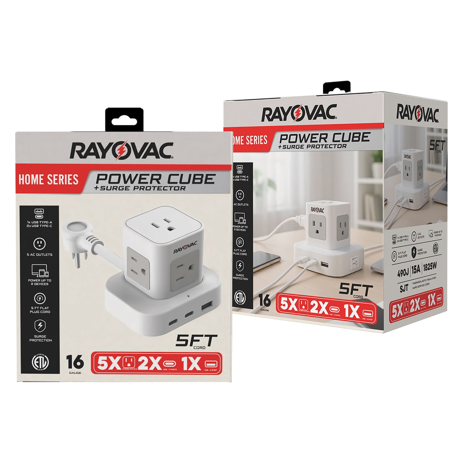 RAYOVAC 5-AC Outlet and 3-USB Port 540-Joules Power Cube Surge Protector, 5-Ft. Cord with Flat Plug, SS-P927