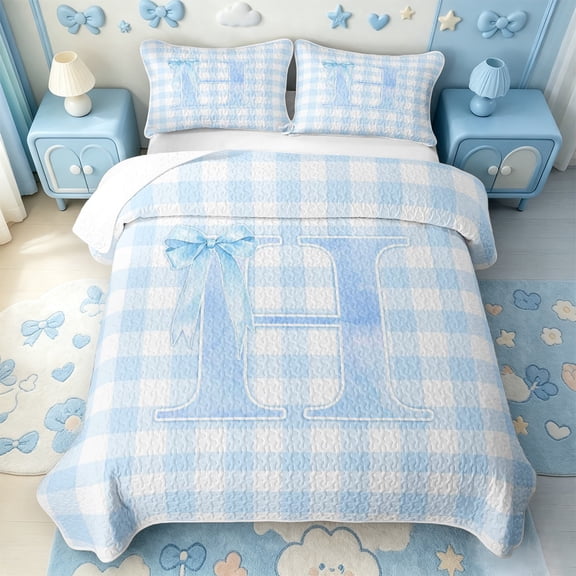 Manfei Ribbon Bowtie Letter Design Quilt Full,Blue Abstract Plaid Pattern Full Bedspread Sets,3 Pieces,1 Coverlet and 2 Pillowcases
