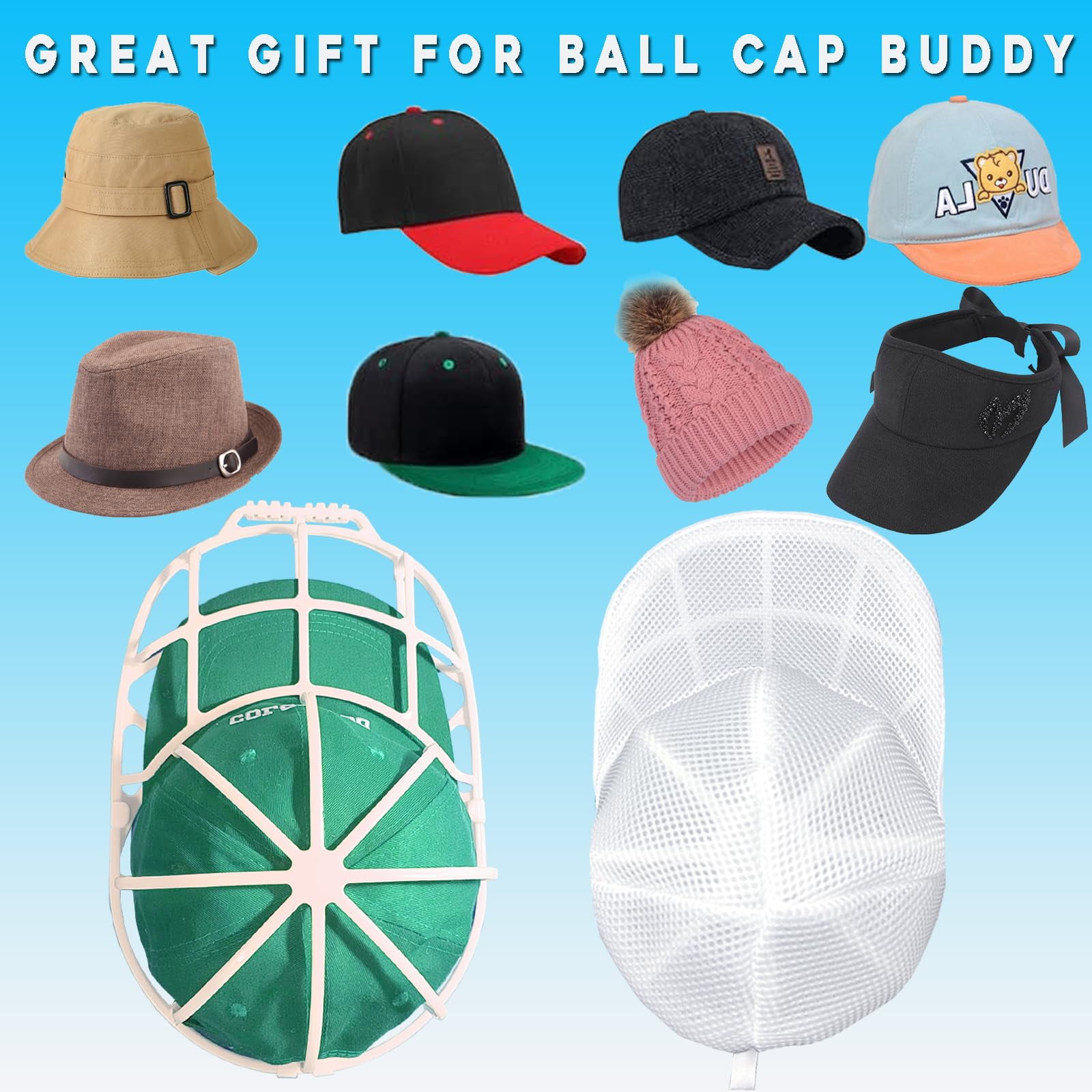 2-Pack Hat Washer Cage for Washing Machine - Baseball Cap Cleaning Protector with Mesh Bags, Hat Shaper & Portable Washer for Apartments