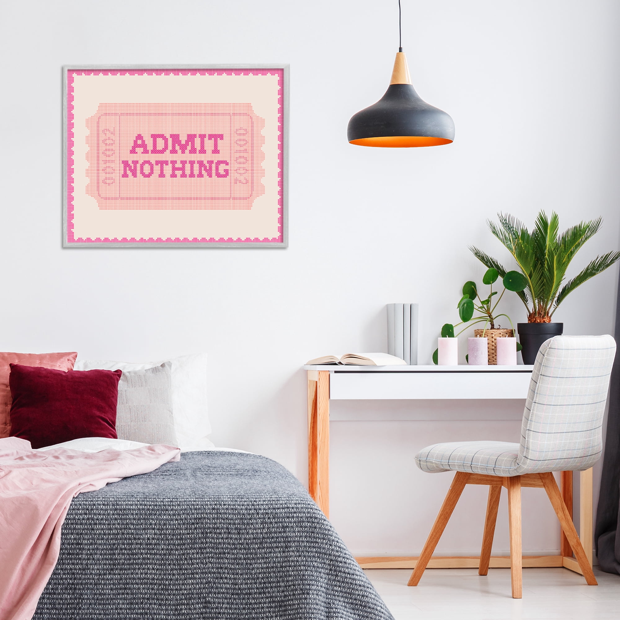 Stupell Industries Admit Nothing Retro Pink Ticket Gray Framed Giclee Art, design by Lil' Rue