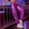 thumbnail image 6 of Mifsaly Shiny Metallic Holographic Joggers Women Cuffed Ankles High Waist Jogger Party Dance Night Out Clubwear with Pockets S, 6 of 6