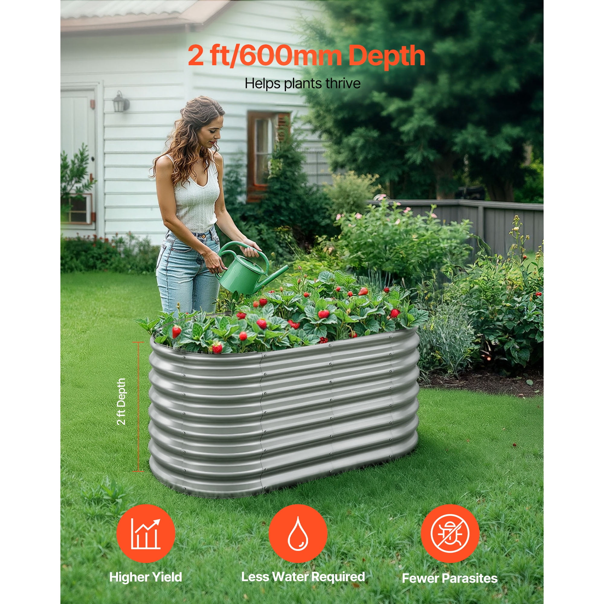 KFFKFF Metal Raised Garden Bed, 4 x 2 x 2 ft Oval Outdoor Galvanized Planter Box, Open Bottom Design, Spacious Planter for Vegetables, Flowers, and Succulents, Galvanized Finish