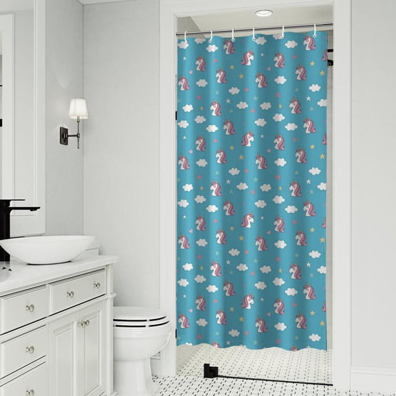 Blue Cartoon Unicorn Head Star Cloud Pattern Shower Curtain 36"x72" ,Bathroom Decorative Shower Curtains Set with 12 Hooks,Modern Waterproof Washable Shower Curtain